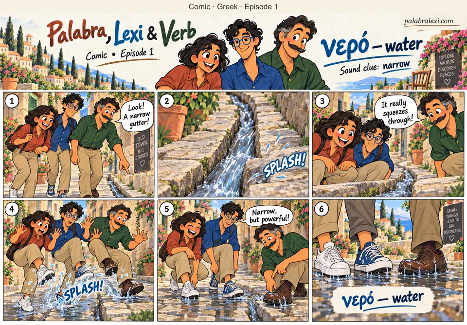 Greek comic, episode 1: νερό — water. Water rushes down a narrow stone gutter, squeezing through and splashing over your shoes.