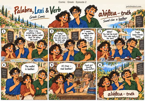 Greek comic, episode 2: αλήθεια — truth. You hold up a leather wallet and swear on it that you are telling the whole truth.
