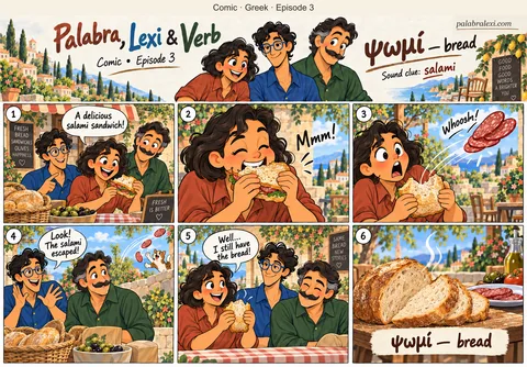 Greek comic, episode 3: ψωμί — bread. Palabra bites a salami sandwich; the salami flies out and the bread stays in her hands.