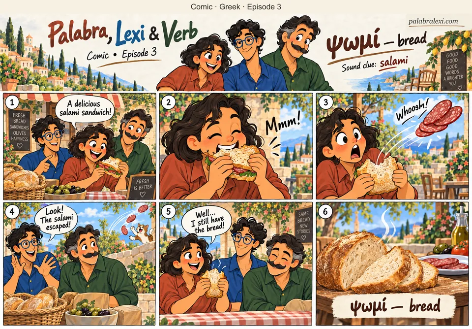 Greek comic, episode 3: ψωμί — bread. Palabra bites a salami sandwich; the salami flies out and the bread stays in her hands.
