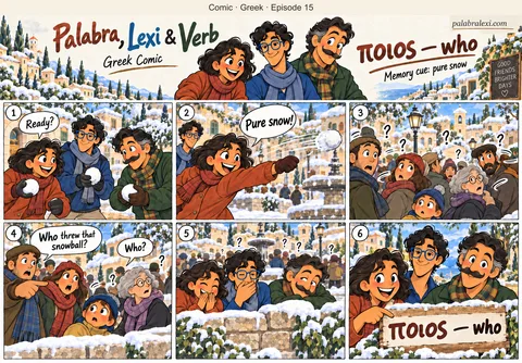 Greek comic, episode 15: ποιος — who. Palabra tosses a pure white snowball. Bystanders ask who threw it while the trio smiles.