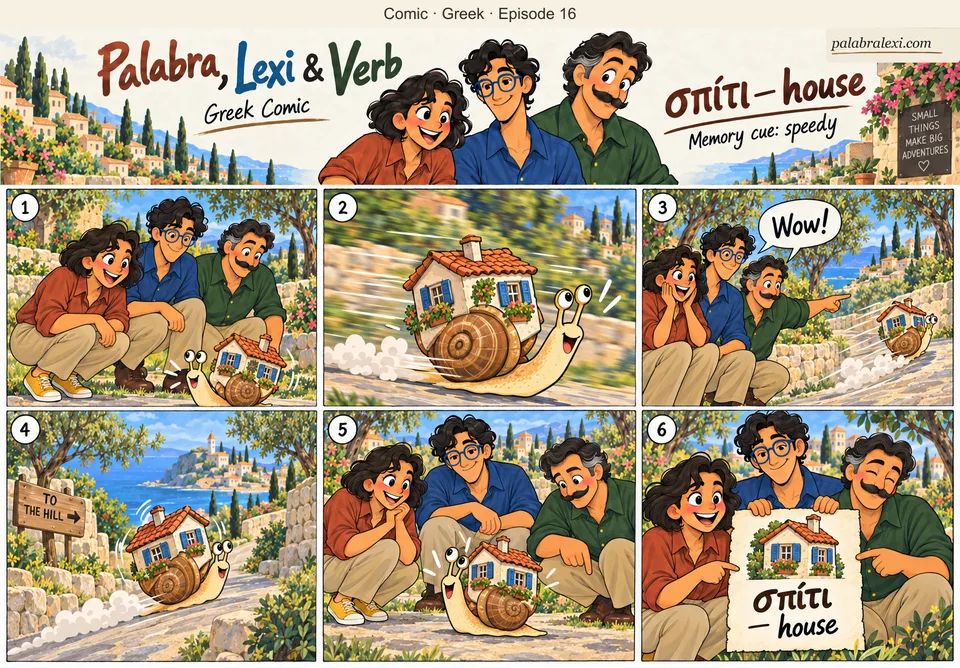 Greek comic, episode 16: σπίτι — house. A speedy snail races down the road carrying a whole house on its back, windows rattling.