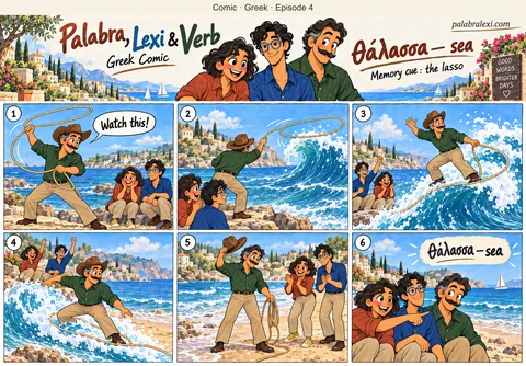 Greek comic, episode 4: θάλασσα — sea. A cowboy spins the lasso over the sea, ropes a wave and rides it to the beach.