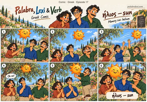 Greek comic, episode 17: ήλιος — sun. A helium balloon shaped like the sun floats above the friends in a sunny garden.