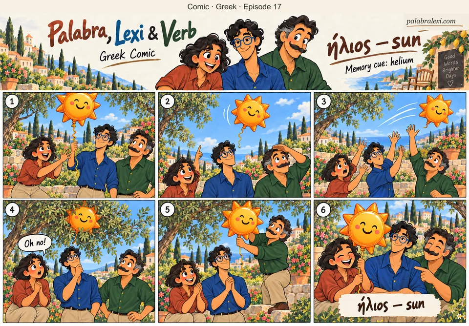 Greek comic, episode 17: ήλιος — sun. One friendly SUN-shaped balloon filled with HELIUM floats above the trio in a sunny garden. Same orange balloon and short string throughout, no mythological deity or burning feet.