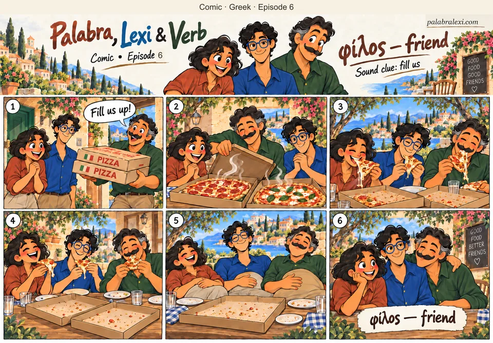 Greek comic, episode 6: φίλος — friend. Your friend arrives with two huge pizzas shouting «fill us up!» and you both eat till you roll.