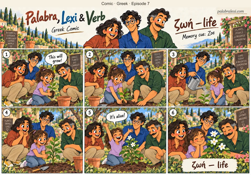 Greek comic, episode 7: ζωή — life. Zoe plants a seedling in a garden, and the friends help her water it as it grows.