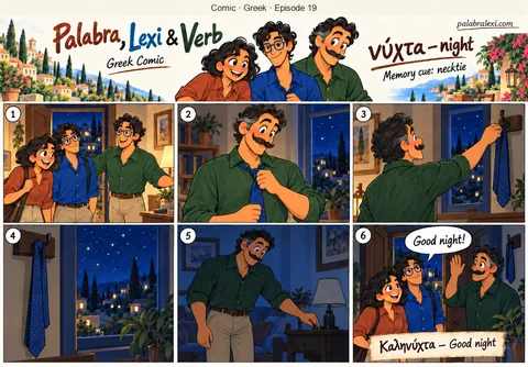 Comic · Greek · Episode 19: νύχτα — night. At night Dad hangs his necktie by the dark window and switches off the lamp.
