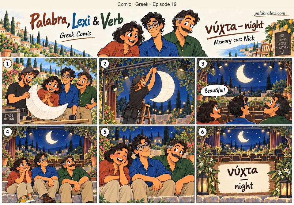 Greek comic, episode 19: νύχτα — night. A fictional stage designer named Nick places one paper moon above a garden stage to depict NIGHT. The trio admires the night scene. No thief, stealing real moon or crime.