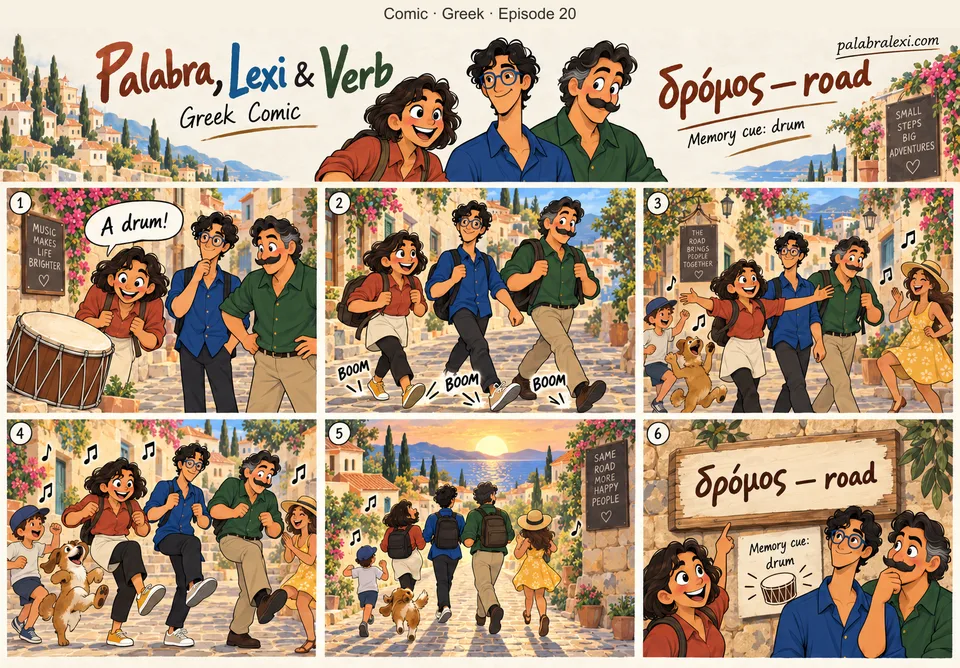 Greek comic, episode 20: δρόμος — road. The road is a long drum: every step booms, and the whole street dances to your walking.
