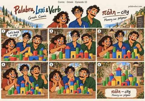 Greek comic, episode 33: πόλη — city. The friends build a toy city from colorful polymer blocks.