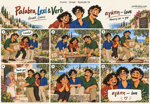 Greek comic, episode 34: αγάπη — love. Palabra and Lexi help Verb carry a parcel for a sick neighbour over a little wooden bridge across a gap between garden paths: love means caring for others.