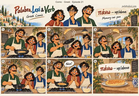 Greek comic, episode 21: πάνω — up/above. Verb flips a pancake up above a pan while Palabra and Lexi look upward.