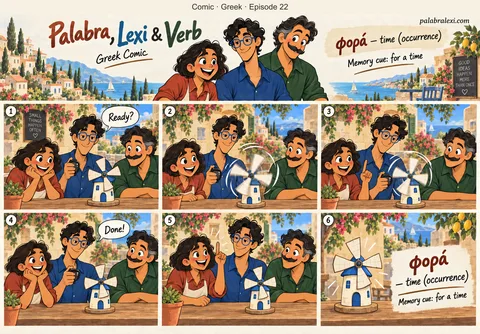 Greek comic, episode 22: φορά — time (occurrence). Lexi times one full turn of a toy windmill while Palabra counts: one time! Verb watches.