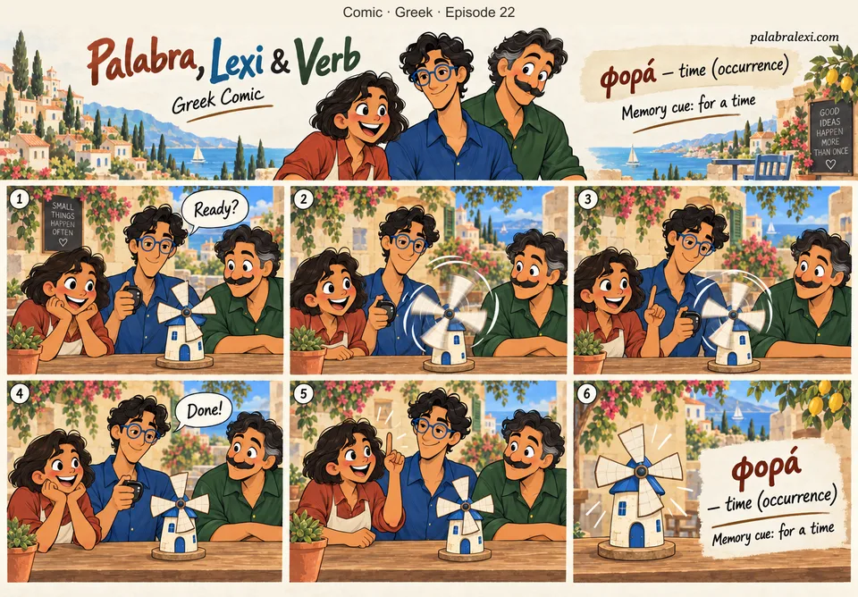 Greek comic, episode 22: φορά — time (occurrence). Lexi times one complete turn of a toy windmill while Palabra counts one occurrence and Verb watches.