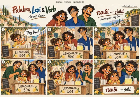 Greek comic, episode 35: παιδί — child. The child runs a lemonade stand and shouts «pay Dee!» rattling a tin of coins.