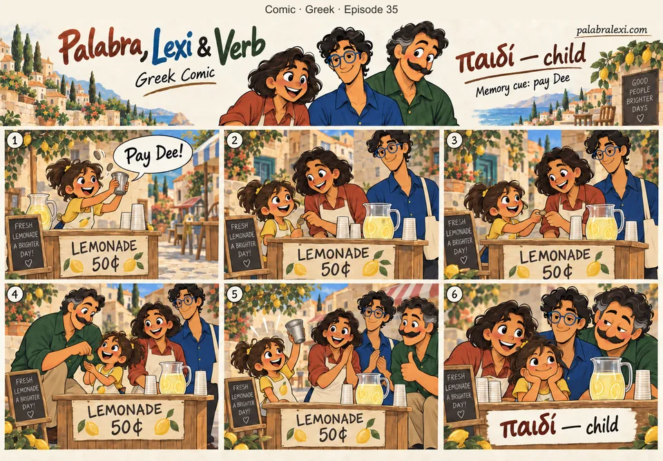 Greek comic, episode 35: παιδί — child. The child runs a lemonade stand and shouts «pay Dee!» rattling a tin of coins.