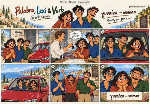 Greek comic, episode 36: γυναίκα — woman. Palabra receives the keys to a car she has saved up for; Lexi and Verb congratulate her.