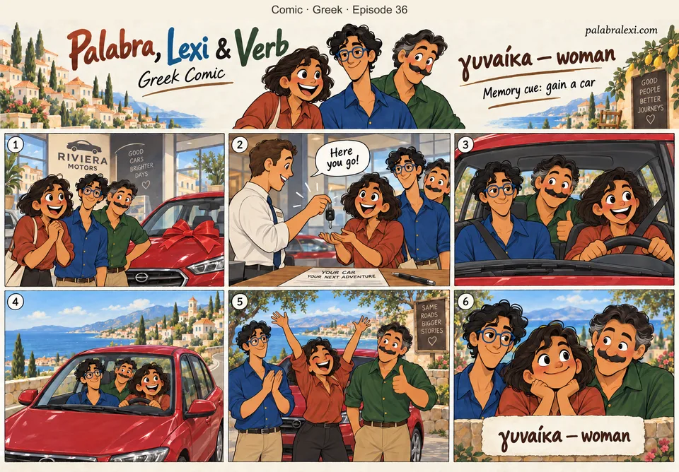 Greek comic, episode 36: γυναίκα — woman. Palabra, a woman, receives keys for a car she has saved up for; Lexi and Verb congratulate her. No gambling or lottery.