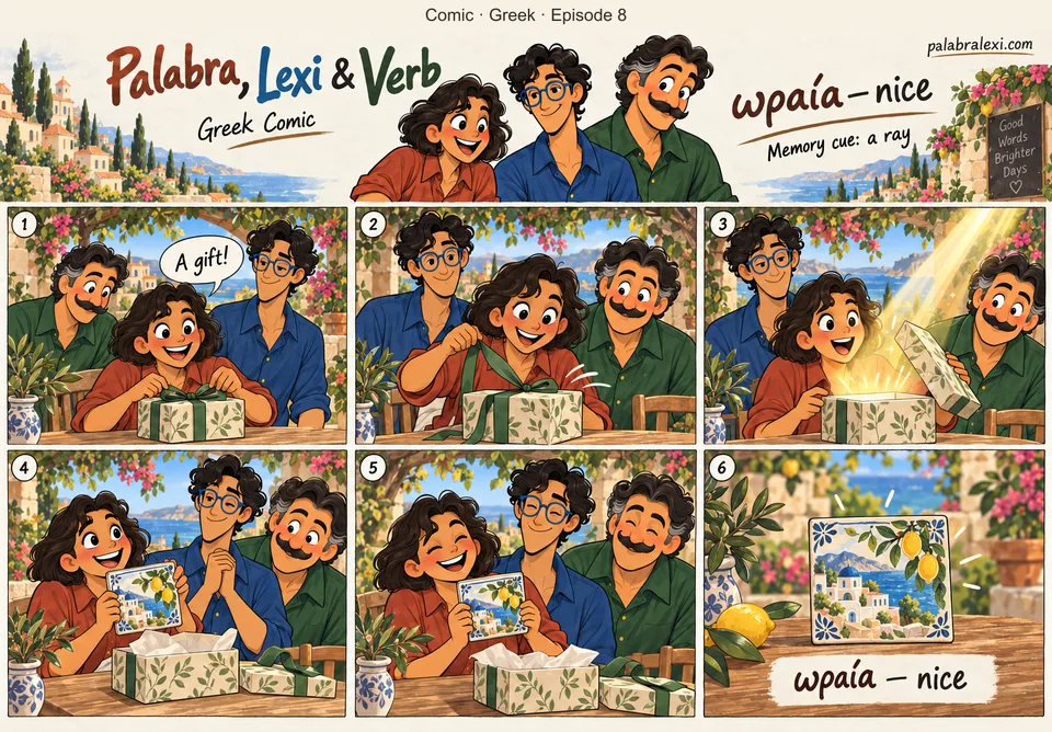 Greek comic, episode 8: ωραία — nice. Palabra opens a small gift in a nice sunny garden; a ray of sunlight lights the gift. Lexi and Verb smile.