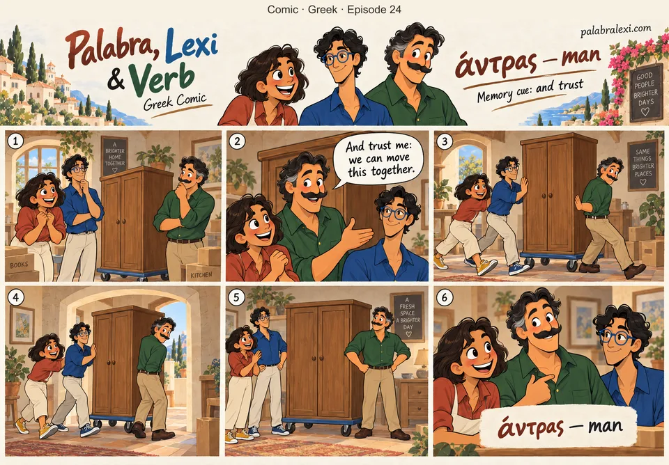 Greek comic, episode 24: άντρας — man. Verb, a man, says And trust me: we can move this together. All three safely move one small wardrobe on a furniture trolley, no exaggerated injury-prone lifting.