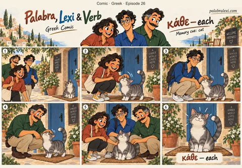 Greek comic, episode 26: κάθε — each. A friendly gray cat greets each visitor at the garden gate.