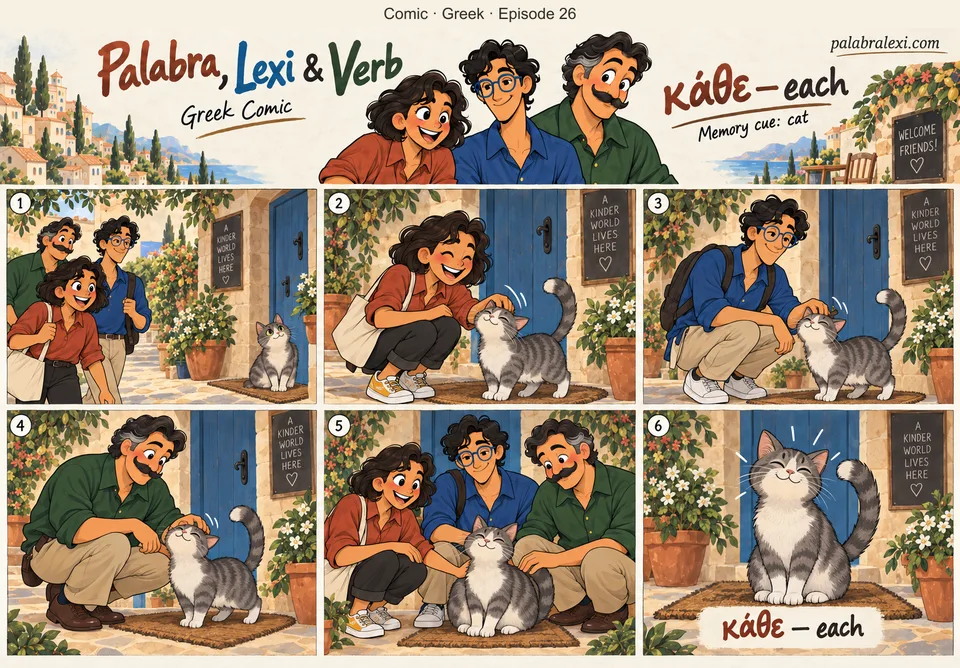 Greek comic, episode 26: κάθε — each. One friendly gray cat greets EACH of the three visitors separately, with the same cat markings and doorway.