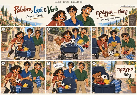 Greek comic, episode 38: πράγμα — thing. A pram full of things rolls down the street, toys and objects bouncing out with every bump.