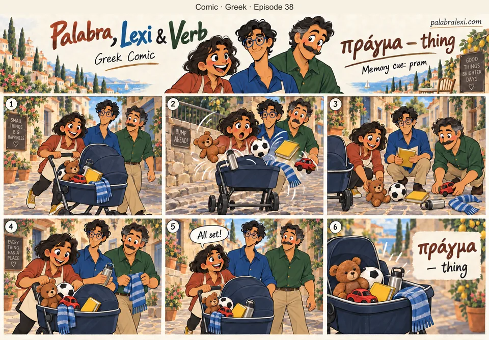 Greek comic, episode 38: πράγμα — thing. A pram full of things rolls down the street, toys and objects bouncing out with every bump.