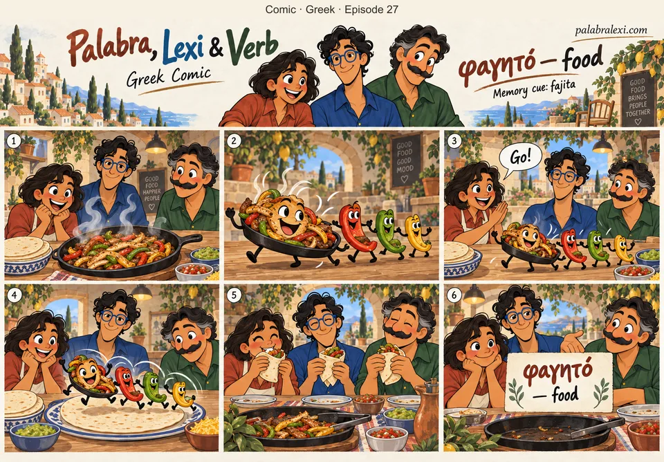 Greek comic, episode 27: φαγητό — food. A sizzling fajita leads a parade of food across the table, peppers marching behind.