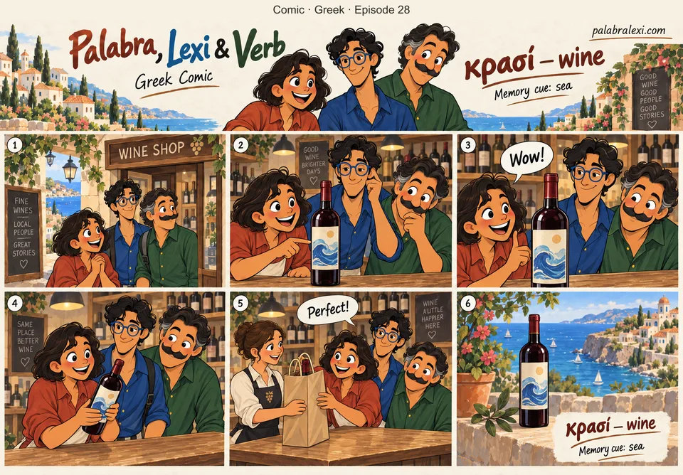 Greek comic, episode 28: κρασί — wine. The trio inspects a SEA-colored abstract wine label in a small shop; one sealed red wine bottle. Adults only, no diving into alcohol or excess drinking.