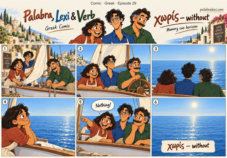Greek comic, episode 29: χωρίς — without. A sailor stares at the empty horizon: a calm sea without a single boat, bird or cloud.