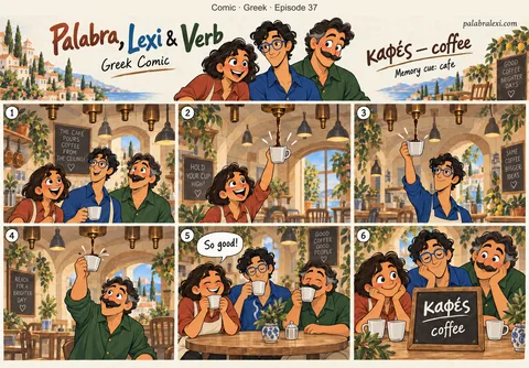 Greek comic, episode 37: καφές — coffee. The cafe pours coffee straight from the ceiling: hold your cup high and catch the stream.