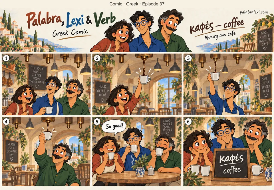 Greek comic, episode 37: καφές — coffee. The cafe pours coffee straight from the ceiling: hold your cup high and catch the stream.