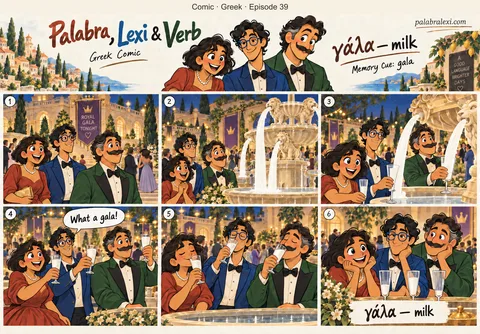 Greek comic, episode 39: γάλα — milk. At the royal gala the fountains spray milk, and guests in gowns fill their glasses.