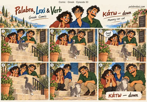 Greek comic, episode 30: κάτω — down. A gray cat walks down three stairs and settles at the bottom while the friends watch.