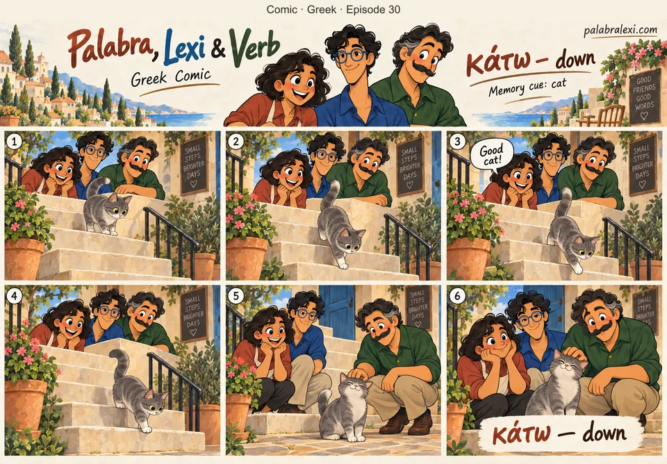Greek comic, episode 30: κάτω — down. A gray cat carefully walks DOWN three stairs and rests at the bottom. All three watch, no fall or animal harm.
