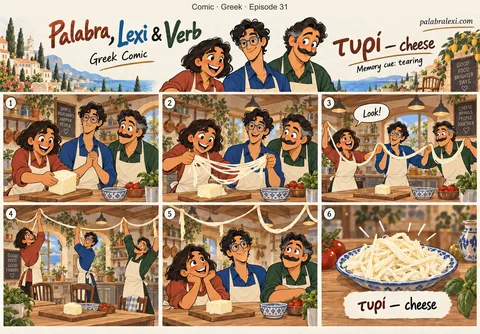 Greek comic, episode 31: τυρί — cheese. You keep tearing the cheese into strings; it stretches across the kitchen like ropes.