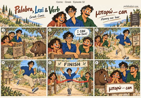 Greek comic, episode 32: μπορώ — can. The friends watch a friendly boar behind a fence. Then Lexi races along the path and says, “I can run fast!”