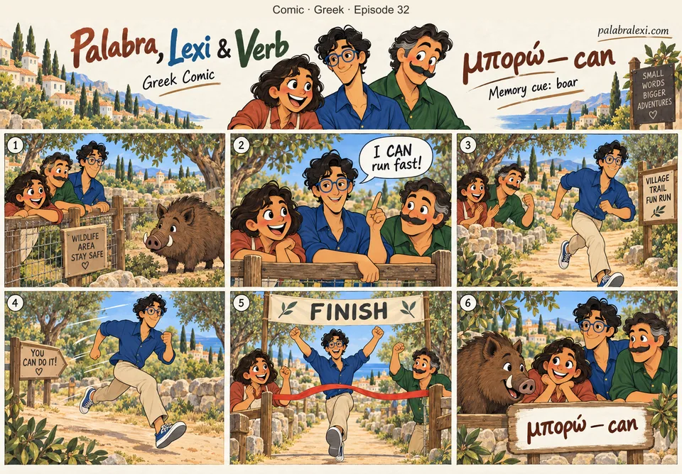 Greek comic, episode 32: μπορώ — can. The trio spots one friendly boar from behind a safe fence. Lexi says I CAN run fast during a separate fun race on the path; no pursuit or animal threat.