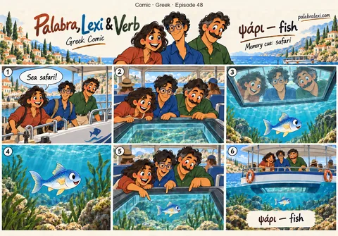 Comic · Greek · Episode 48: ψάρι — fish. On a sea safari, a bright fish swims right past the glass bottom of our boat.