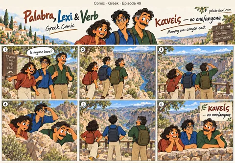 Greek comic, episode 49: κανείς — no one/anyone. The friends explore a canyon east of the village and call out to ask if anyone is there. No one answers from the empty canyon.