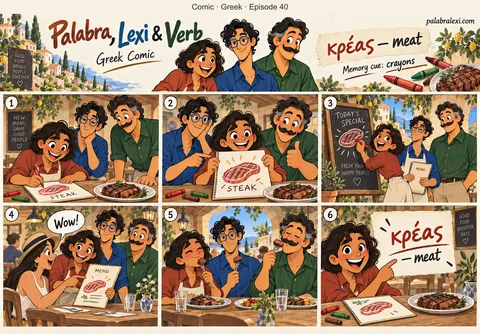 Greek comic, episode 40: κρέας — meat. Palabra draws a steak with crayons on a paper menu, right next to the real cooked steak. Lexi and Verb help design the menu.