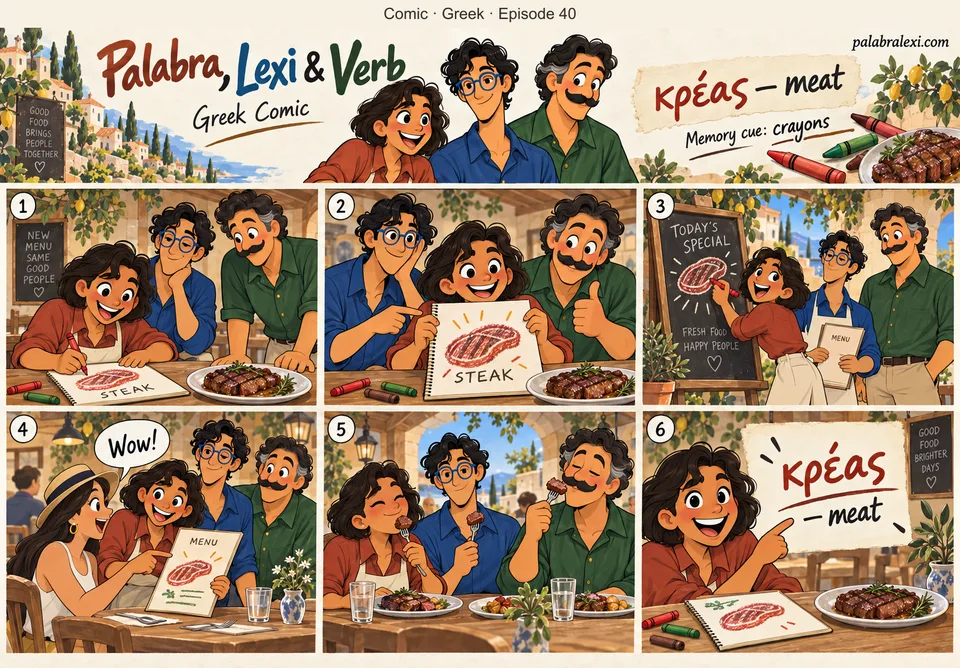 Greek comic, episode 40: κρέας — meat. Palabra uses crayons to draw MEAT on a paper menu beside an actual cooked steak. Lexi and Verb help with menu design; crayons never touch food.