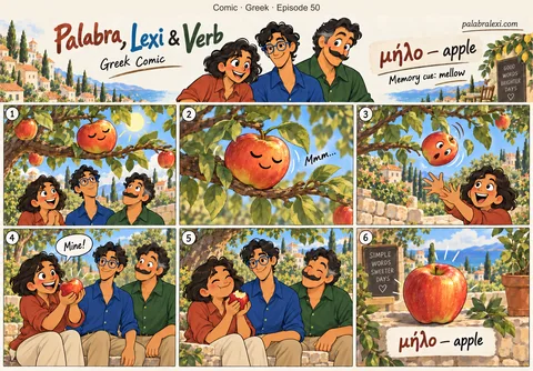 Greek comic, episode 50: μήλο — apple. A mellow apple sunbathes on the branch, so soft and lazy it rolls into your palm.