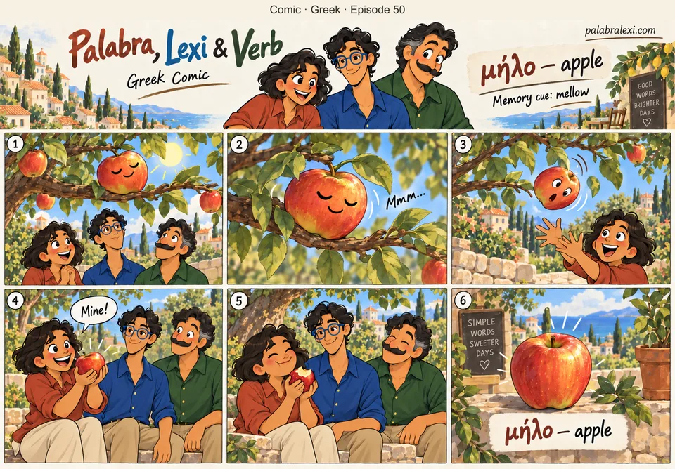 Greek comic, episode 50: μήλο — apple. A mellow apple sunbathes on the branch, so soft and lazy it rolls into your palm.