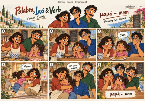 Greek comic, episode 41: μαμά — mom. A woman hugs her child close and whispers softly, calling herself mama in a warm kitchen.