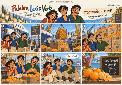 Greek comic, episode 42: πορτοκάλι — orange. The ship docks at a port o' call where cranes unload mountains of oranges onto the pier.