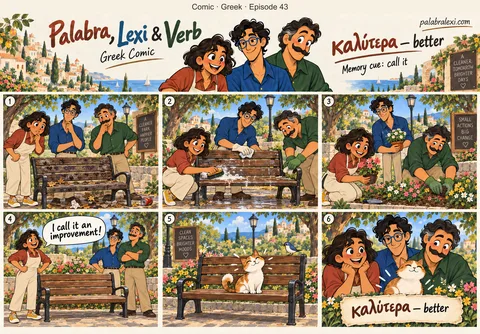 Greek comic, episode 43: καλύτερα — better. After the friends clean a park bench and plant flowers, Palabra says, “I call it an improvement!” The park is better now.