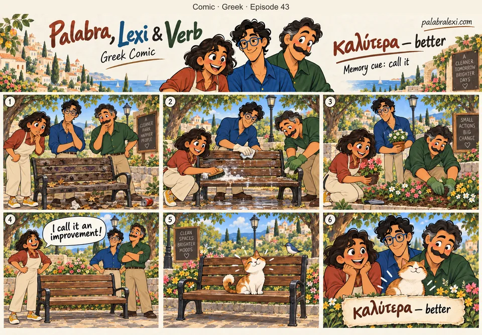 Greek comic, episode 43: καλύτερα — better. After the friends clean a park bench and plant flowers, Palabra says, “I call it an improvement!” The park is better now.